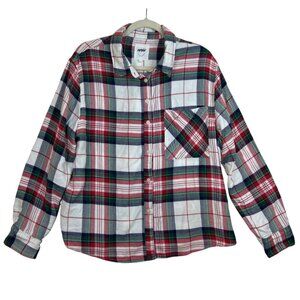 Aerie Women’s L Flannel Plaid Button-Up Shirt Red Green White Christmas Collared